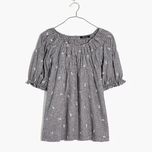 Madewell Black and White Gingham Smocked Peasant Blouse